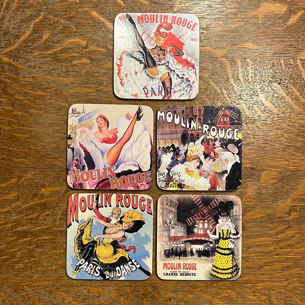 5 Moulin Rouge Coasters with Cork Backing
